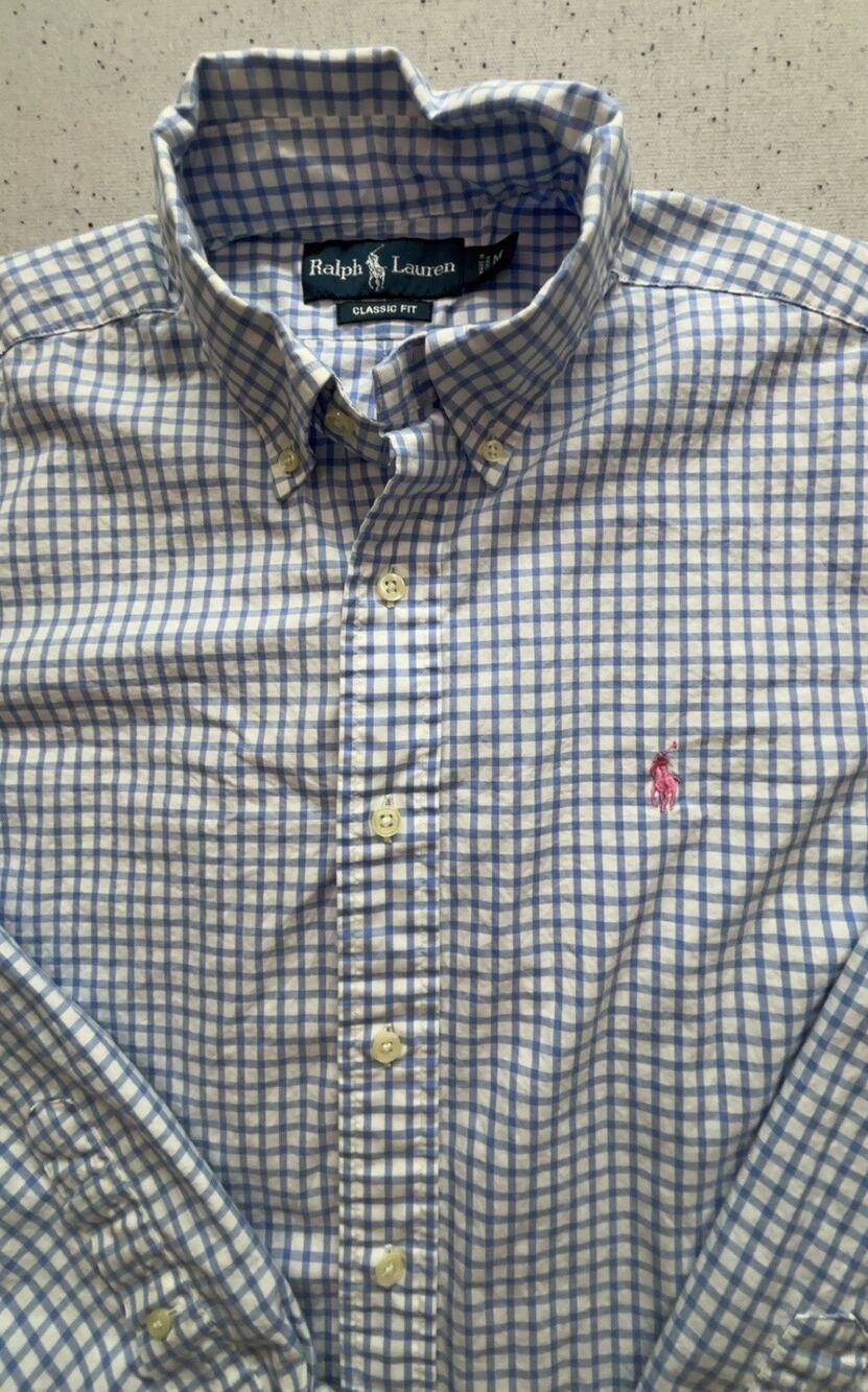 Polo Ralph Lauren Shirt Mens Medium Classic Fit Blue White Gingham Plaid Pony M